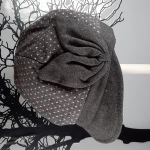 Gray Pink Polk-A-Dot Paperboy Hat Flower Accent Outerwear Fun Cute Felt Brim